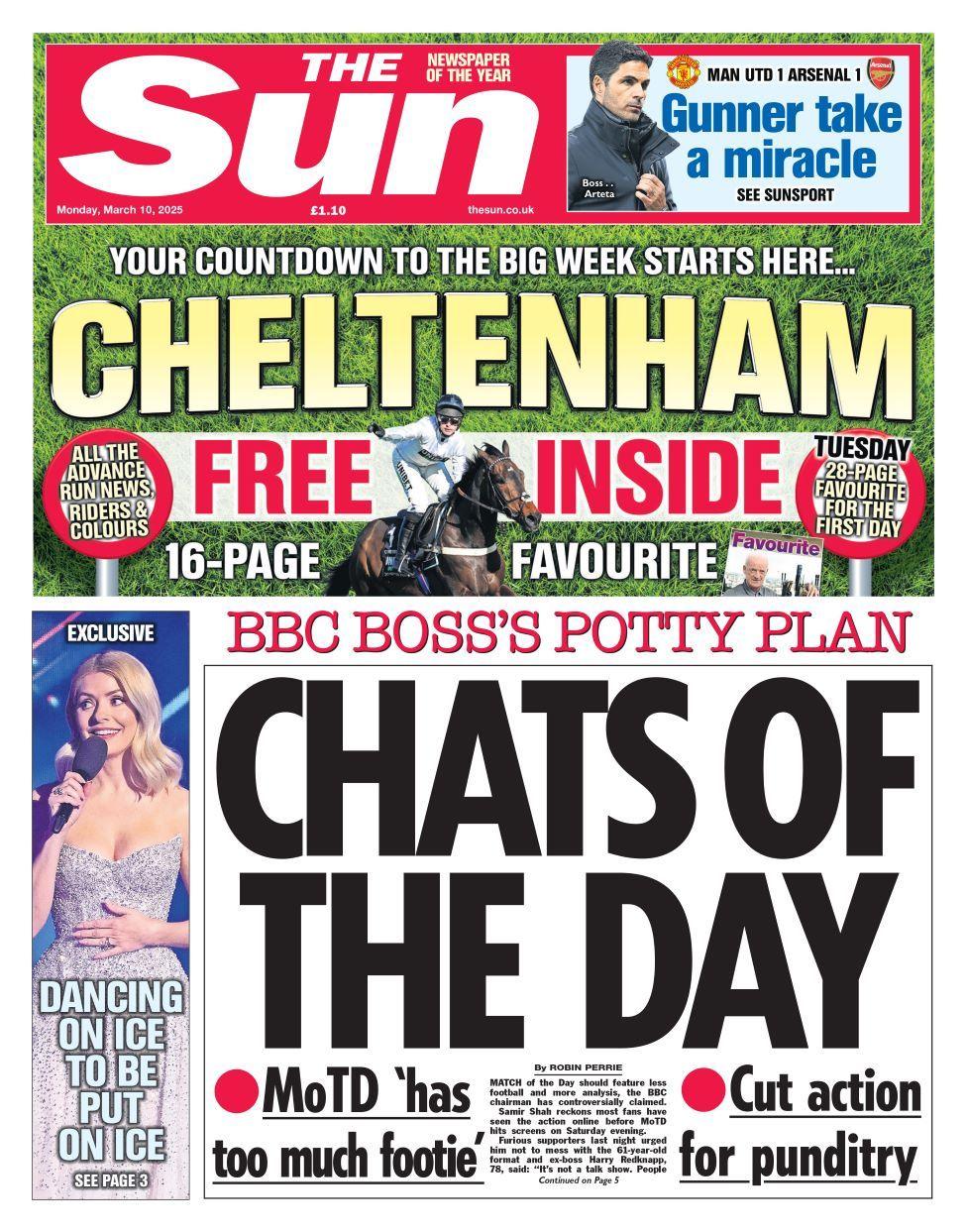 Front page of the Sun for Monday 10 March 2025. 