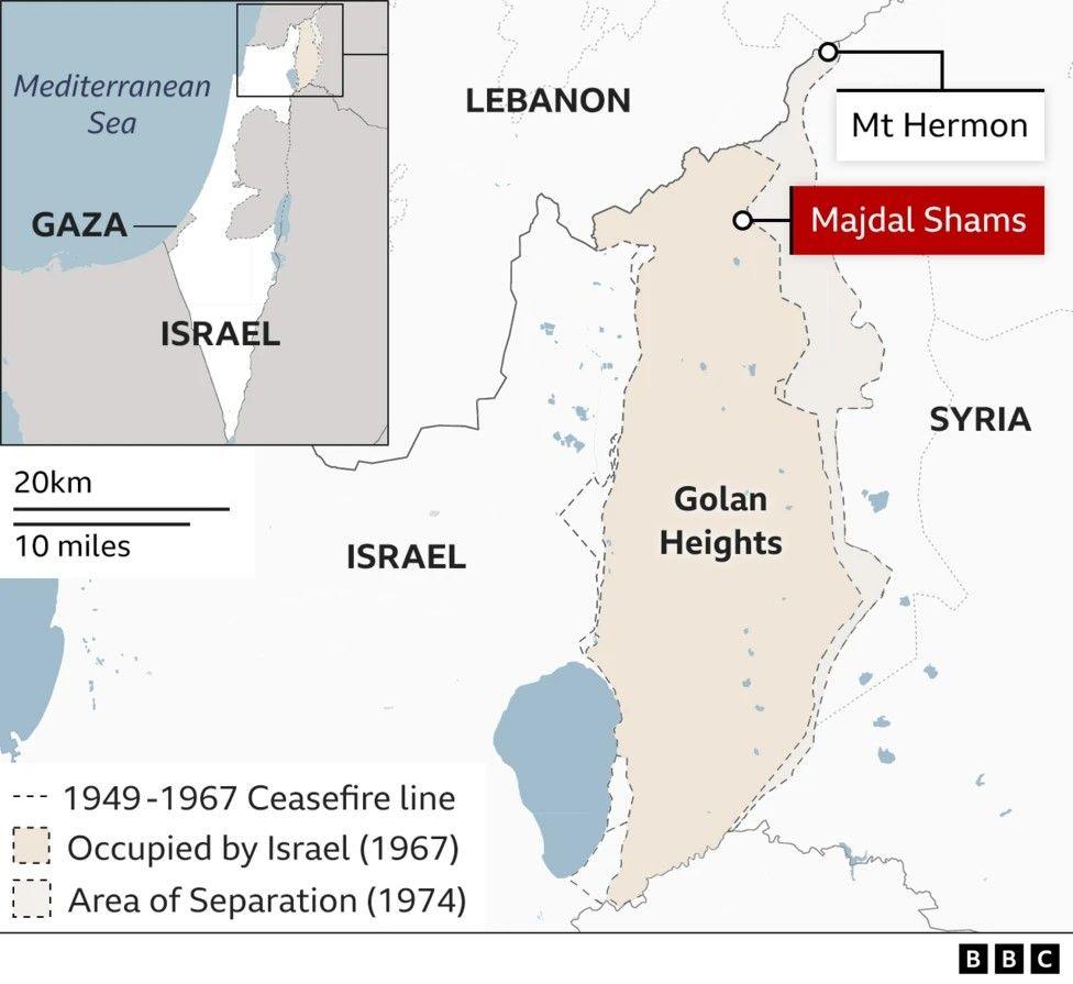 Map showing the Golan Heights and the location of Majdal Shams