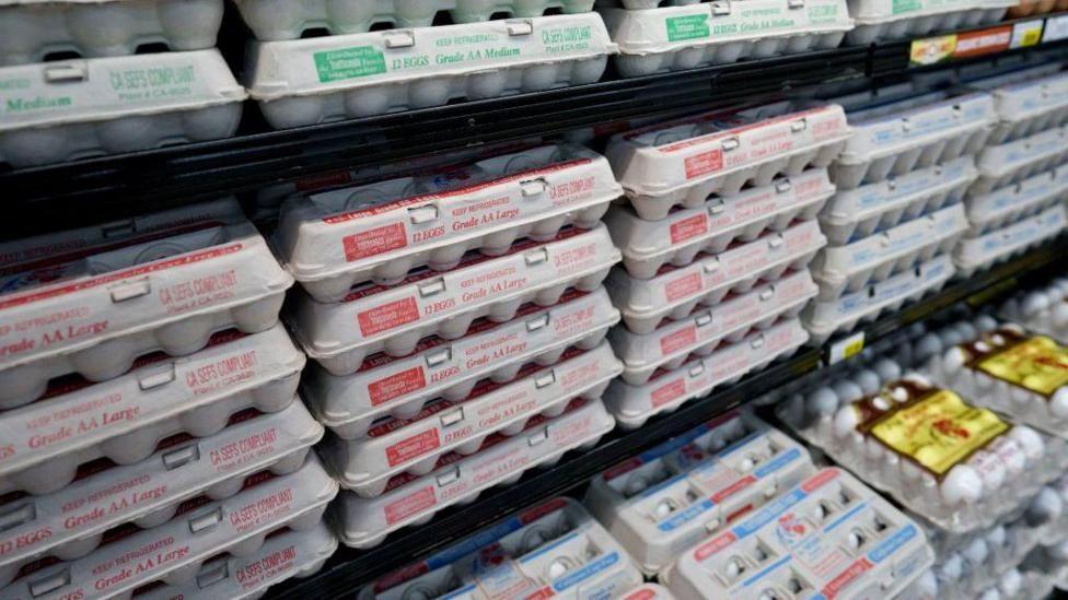 Boxes of eggs on US supermarket shelf, colour-coded red, blue and green, according to size.