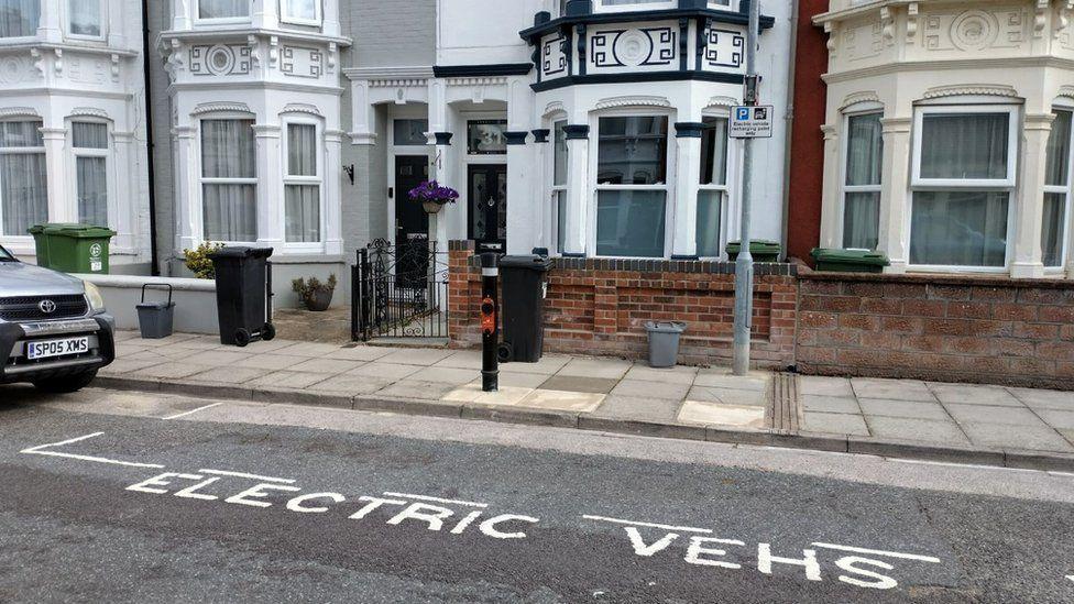 A white parking bay marked out on the side of a road, which reads "Electric  vehs". On the pavement is a black post which is an electic charging point. Behind it is a lamp post and some terraced houses.