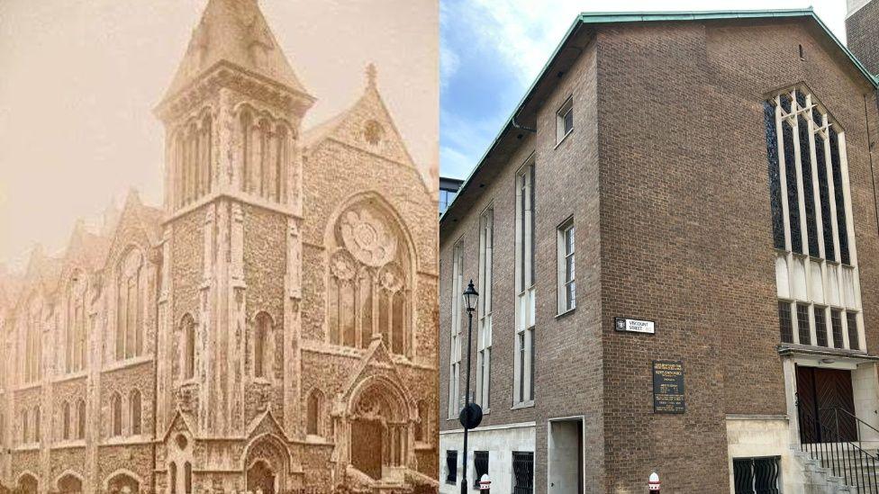 Capel Jewin cyn y blitz a'r capel presennol