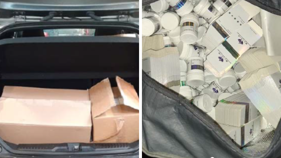 On the left, a picture of some of the boxes which had drugs in and on the right is a close up of inside one of the bags of drusg with loads of little white bottles 