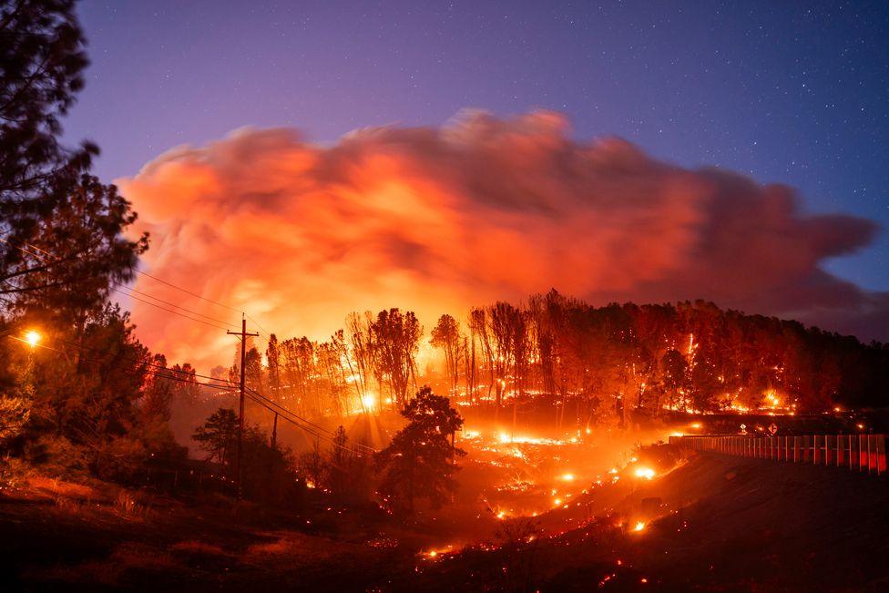 Park Fire is seen burning along Highway 32 in the Forest Ranch community of Butte County, California, 26 July 2024