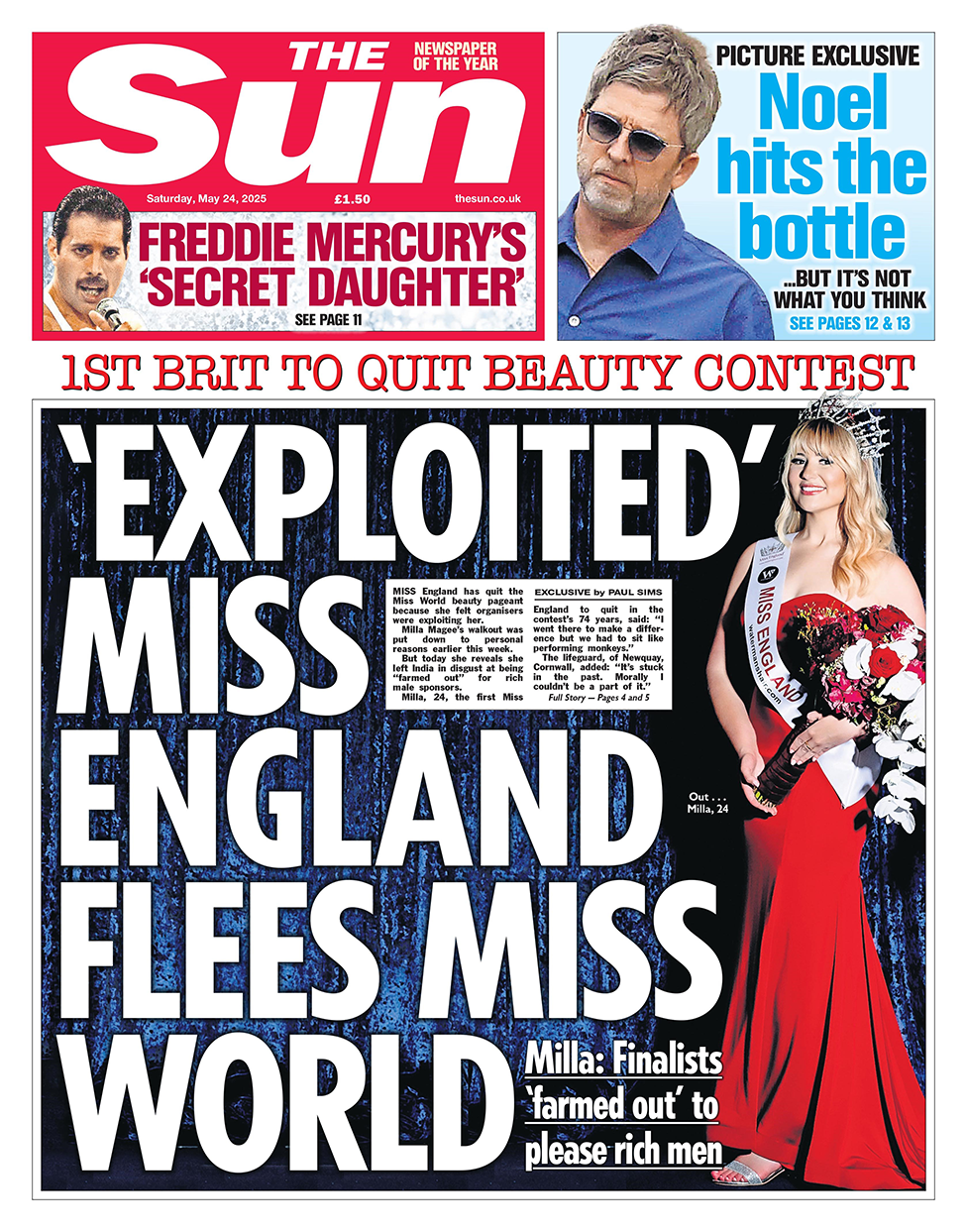 Sun front page with headline "'Exploited' Miss England Flees Miss World". It features pic of Magee with a sash, bouquet and tiara after winning miss England.