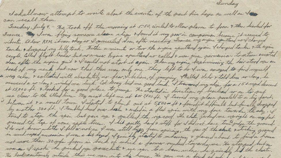 A sepia yellow page written in black ink in curling but clear handwriting. It is an account written by Lonnie Moseley about the events of 4 July 1944. 