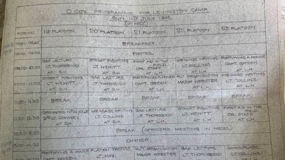 A handwritten schedule detailing D Company's training programme for a Sunday camp. The writing is in neat capital letters. Lines have been drawn in a grid and each grid represents a time or activity. 