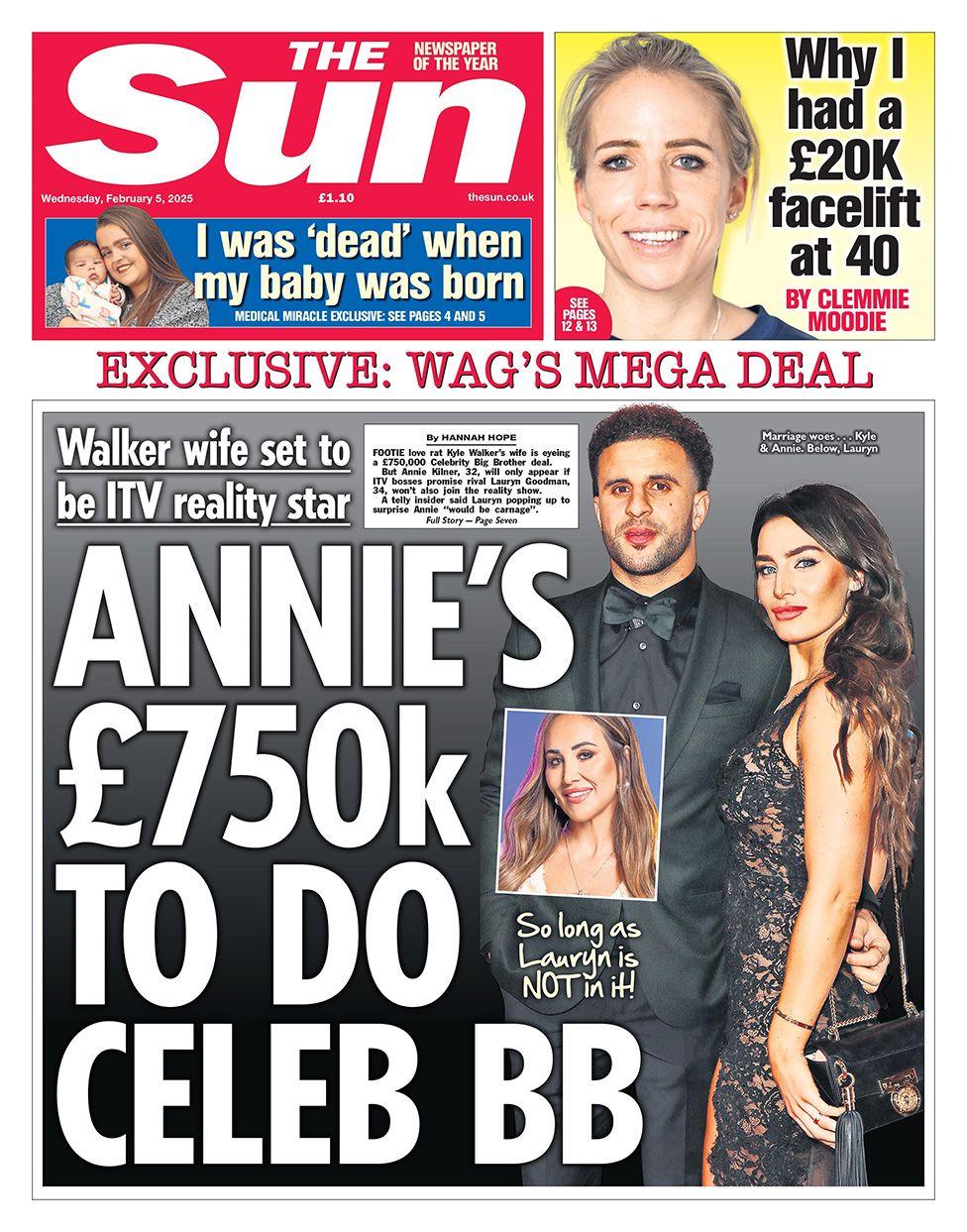 The Sun front page with picture of Kyle Walker and Annie Kilner and headline: Annie's £750k to do Celeb BB