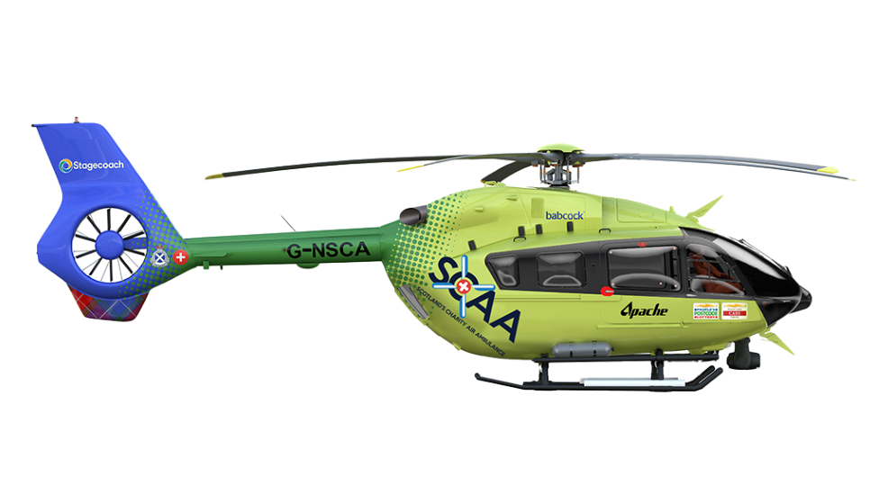 Artist's impression of planned new yellow air ambulance helicopter with green and blue tail