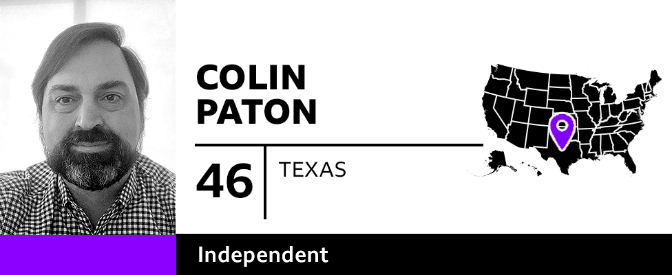 Graphic with photo of Colin Paton, 46, of Texas