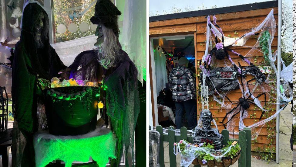 Two images show the Halloween decorations at the care home. On the left, there are two ghouls wearing black cloaks and holding a black pot filled with neon balls. On the right, a brown hut is filled with spiders and cobwebs climbing the building. 