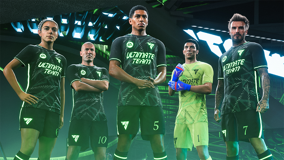 Five computer-generated footballers pose in black kits (lime green for the goalkeeper) with ULTIMATE TEAM printed in bright green letters. They are standing in a stadium that is illuminated by a futuristic green glow.