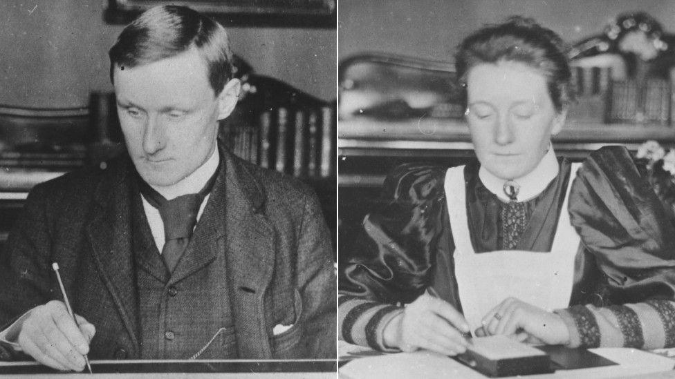 A composite black and white image of Percy and Ella Pilcher. Percy, on the left, is wearing a Victorian-style suit, including a waistcoat and tie, and is holding a pencil in his right hand. Ella, on the right, is wearing a Victorian-style dress and apron, and is looking down at a book on a table in front of her.