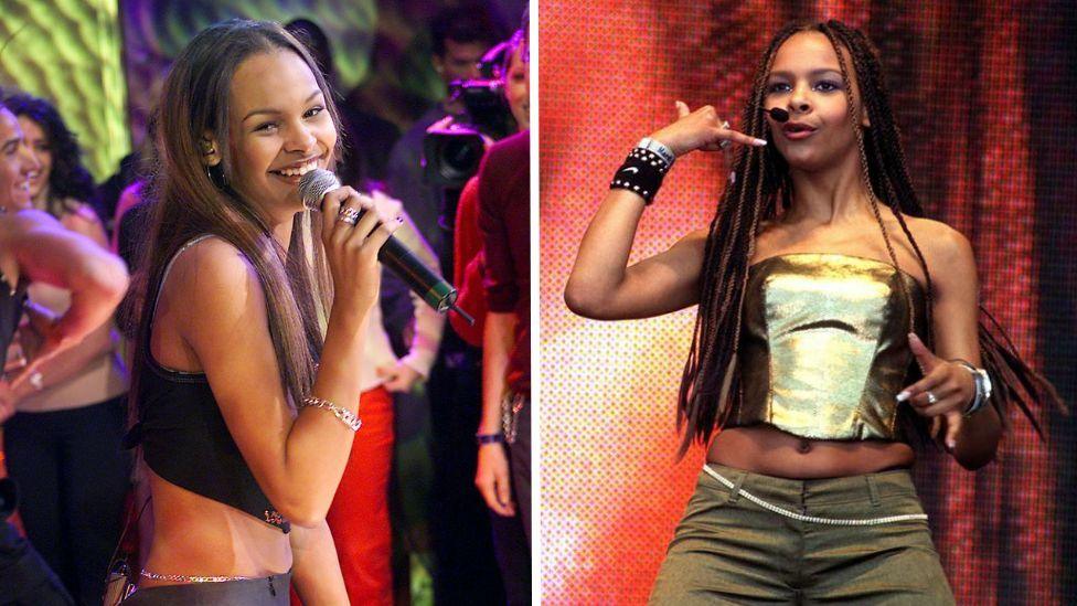 Composite image of a young woman performing. In the left photo she is wearing a black crop top, chain waist belt and grey trousers, holding a microphone to her mouth and smiling.
In the right photo she is wearing green trousers, a chain belt and a gold cropped top.