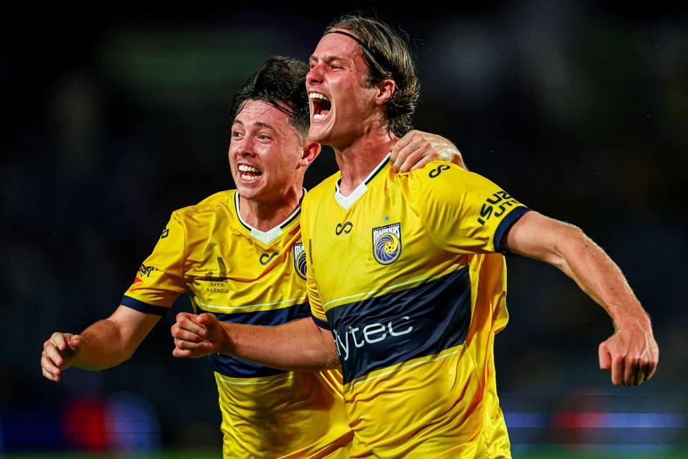 Nathan Paull of the Central Coast Mariners celebrates scoring in the A-League match against Newcastle Jets at Industree Group Stadium in Gosford, Australia