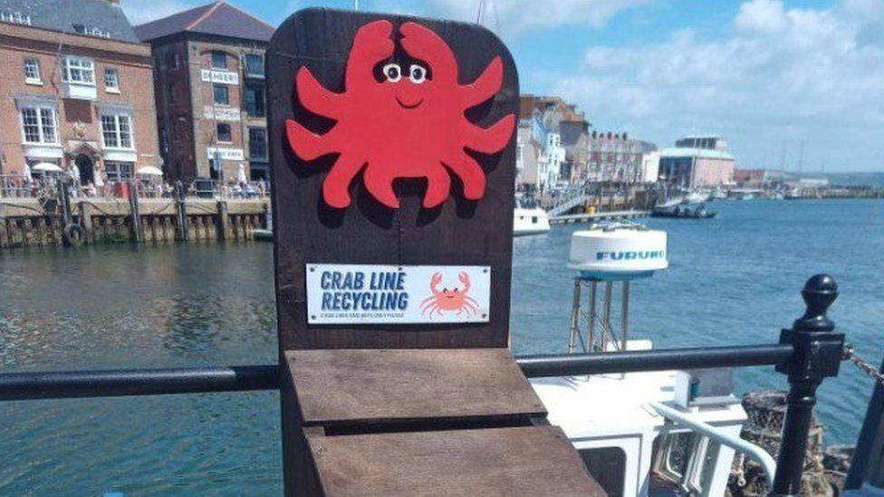 Black bin with painted red crab and crab line recycling sign boats and Weymouth Harbour behind on a sunny day