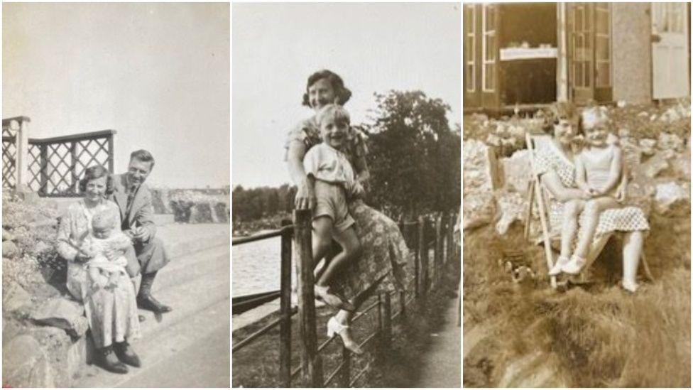 Three black and white images of Gordon as a young boy. On the left, he is a baby of around six months, sat on his mother's lap with his dad sitting behind them, smiling at the camera.
The middle image is with Gordon around aged two with his mum behind him smiling off into he difference. The pair are sitting atop a fence with trees in the background. Gordon is smiling at the camera. On the left, Gordon is around three-four years old and sitting on his mum's lap in the garden as they both smile at the camera. His mum is wearing a summer dress with short sleeves and they are sitting on a deckchair.