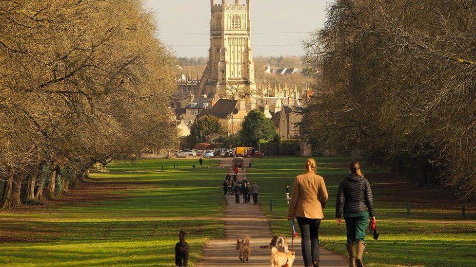 Two people walking through Cirencester Park with their dog. There are other people on the path in the distance, heading towards the Church of St John Baptist