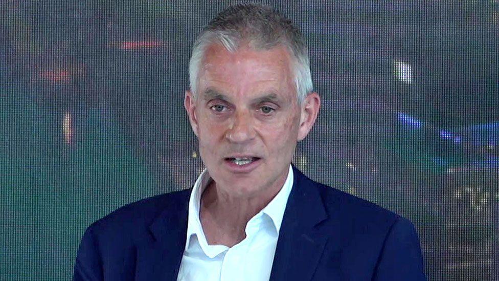 Tim Davie pictured at the BBC's headquarters in Salford ahead of giving his speech