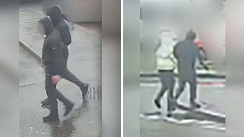 Two photos side by side.
On the left: two men walking side by side in black with blurred faces, hoods up and black shoes walking on a wet looking pavement.
On the right: two men's back, walking away side by side. The one on the left is wearing a yellow high viz jacket. The background is blurred out.