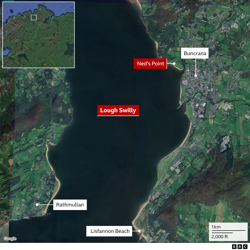 a gmap in graphic form shoiwng the area of a drowning tragedy in County Donegal in Ireland - it shows Lough Swilly, Rathmullan and Buncrana. Neds Point is also clearly marked.