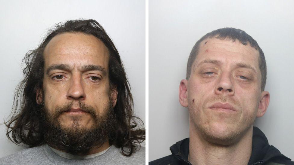 Custody headshot pictures of Nathan Hageman on the left, who has should length brown hair and a brown hair and is wearing a prison-issue grey tracksuit top. Clift, on the right, is wearing a hooded top with a black trim and has short stubble, a small cut on the right side of his face and another on the right side of his forehead, and short hair.