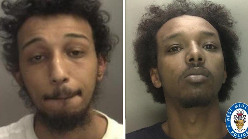 Two men with dark hair are looking straight at the camera. They are pictured in separate photos and the West Midlands Police logo is on the right hand image.