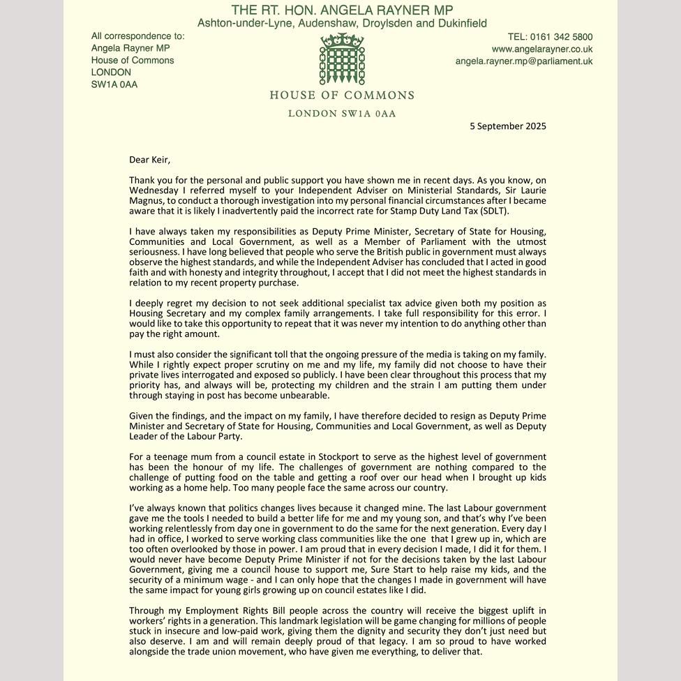 The first sheet of Angela Rayner's letter