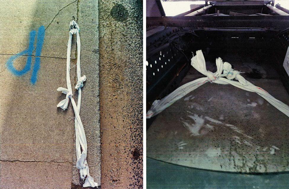 A composite image showing a 'sling' made out of white pieces of cloth tied together hanging from a wall and then under the chassis of a lorry