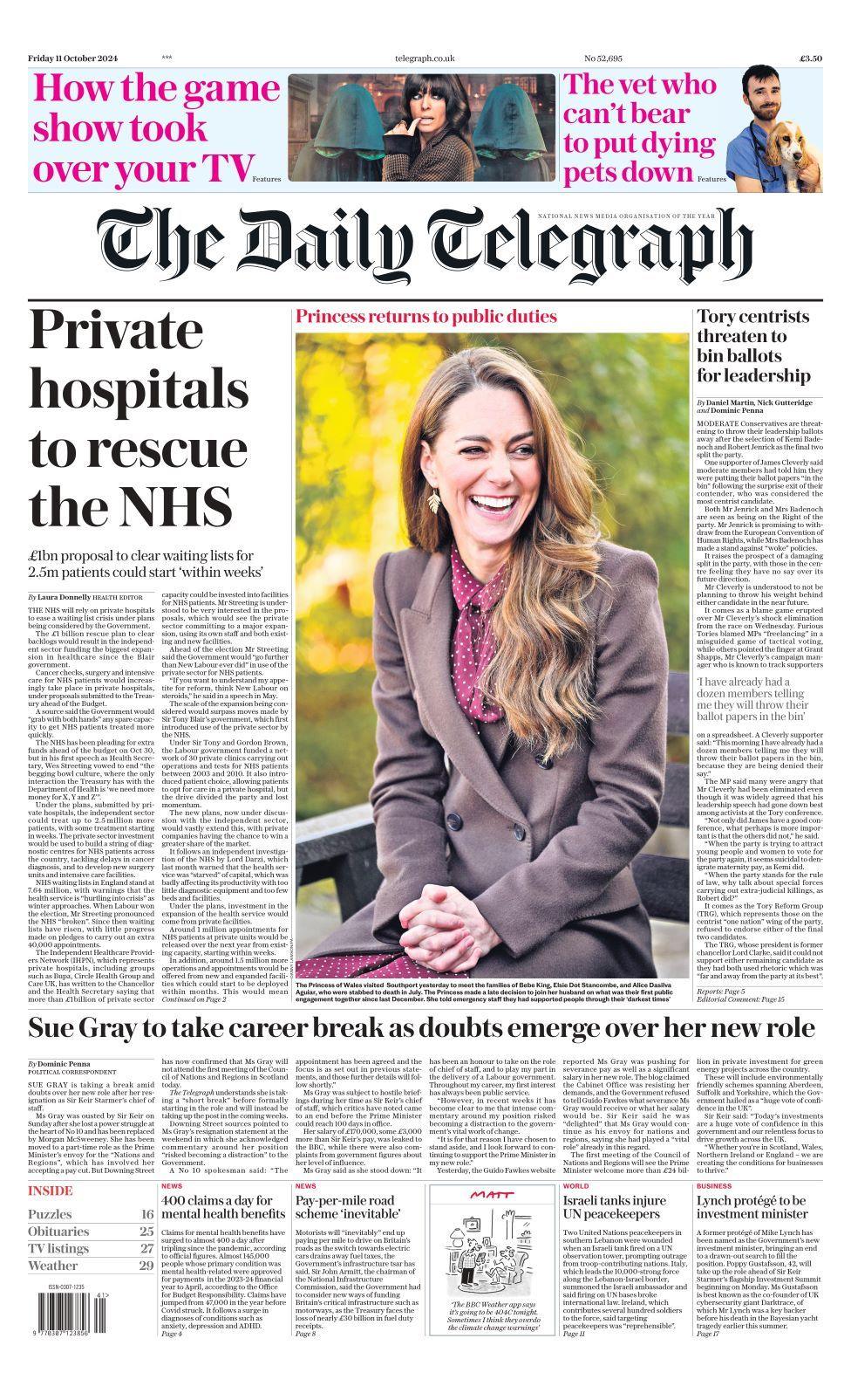 Daily Telegraph front page on 11/10