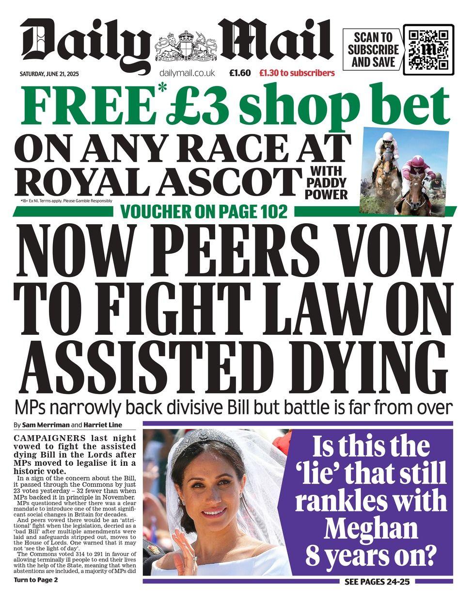 The headline on the front page of the Daily Mail reads: "Now peers vow to fight law on assisted dying"