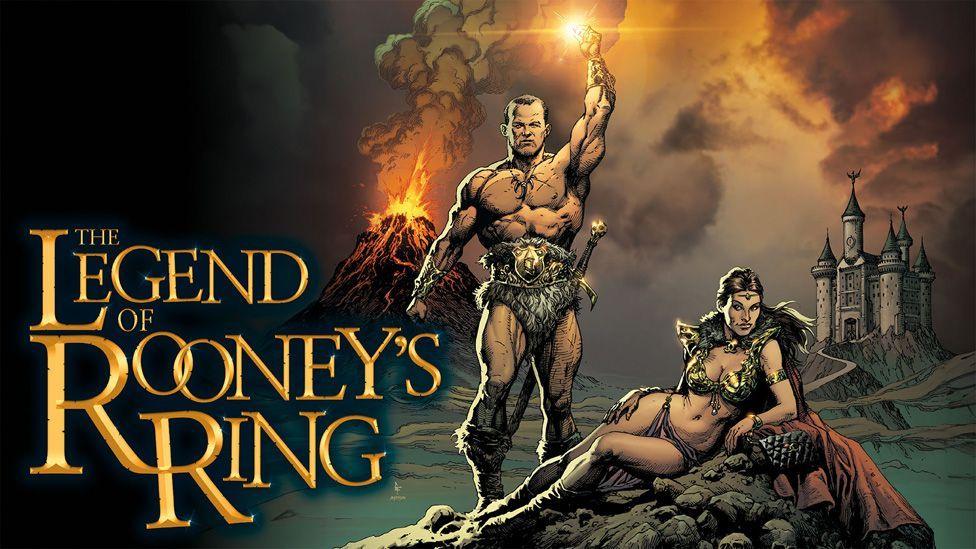 Artwork showing Wayne Rooney as a mythical hero in a furry loincloth holding up a flaming torch, and Coleen Rooney in a fantasy-style bikini costume lounging on a pile of rocks, with a castle and erupting volcano behind them. The words The Legend of Rooney's Ring are in Lord of the Ring-style lettering.