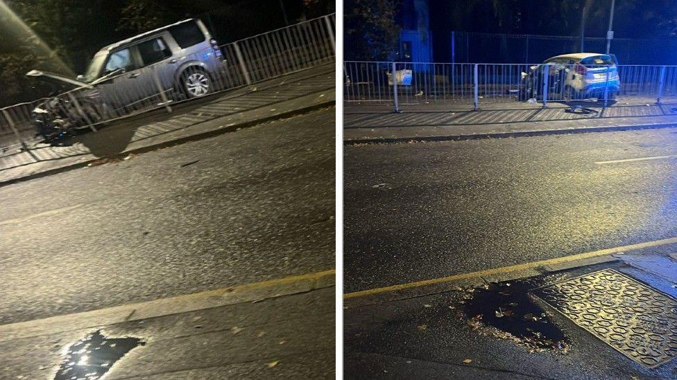 Two images of crashed cars. The image on the left shows a road with a crashed silver Land Rover behind a barrier. The image on the right shows a crashed silver hatchback behind a barrier.