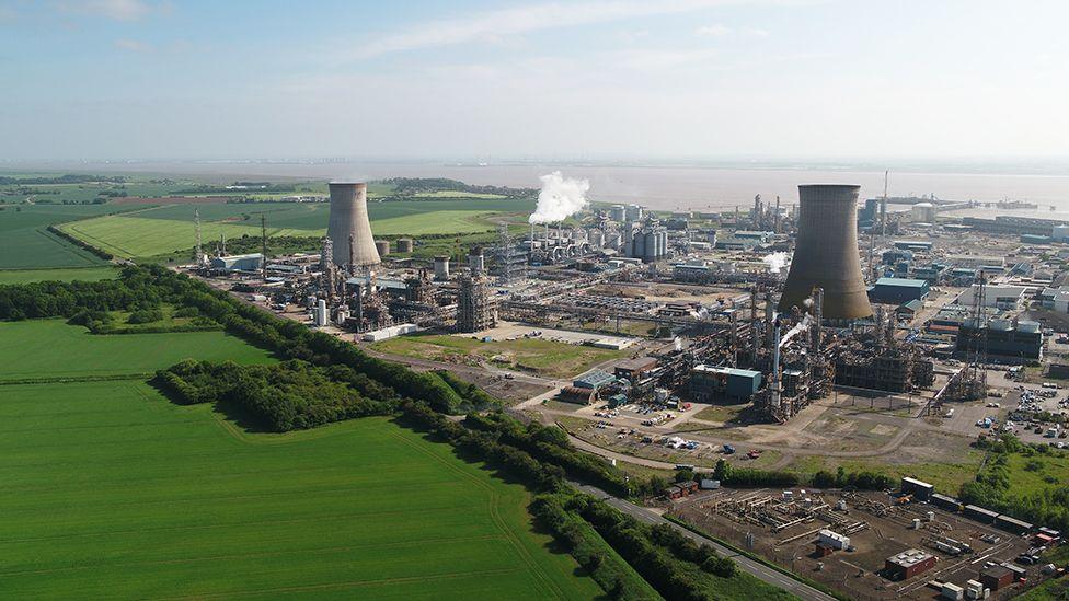Aerial view of Saltend showing a large industrial site with a number of chimneys
