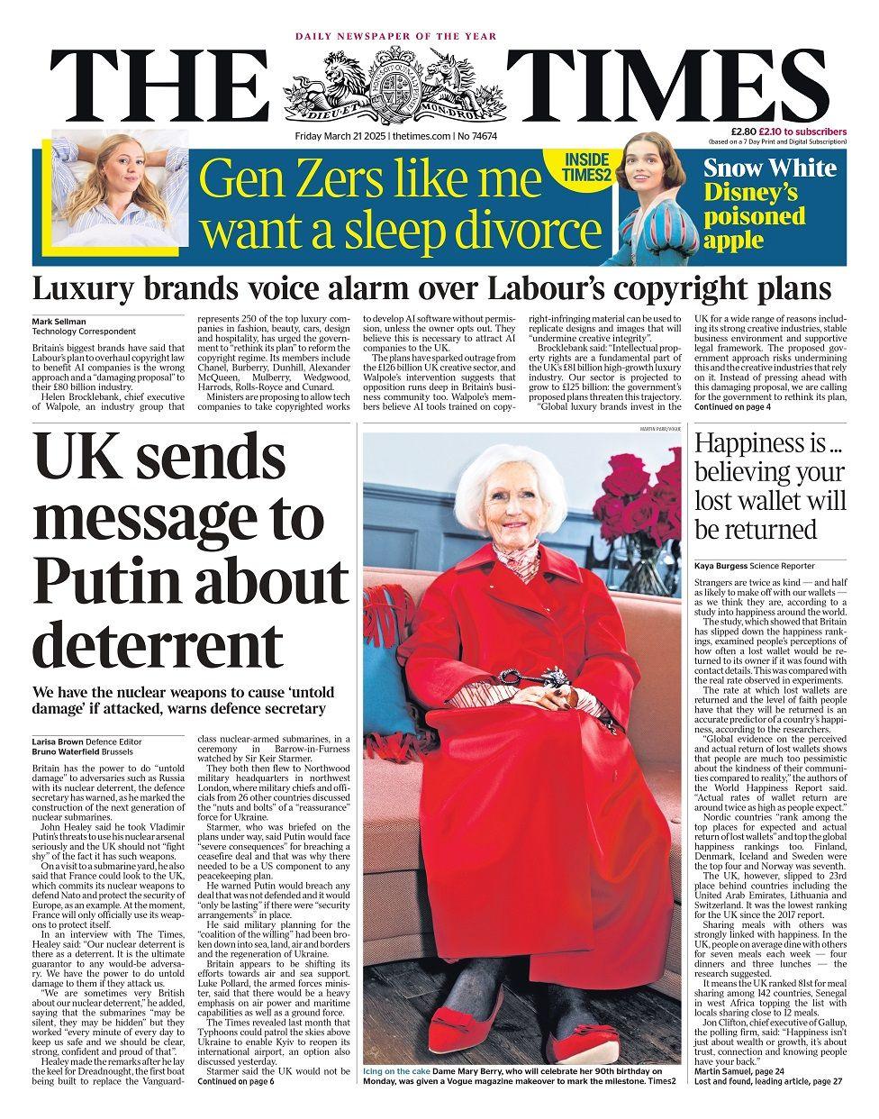 Front page of the Times newspaper for Friday 21 March 2025. 