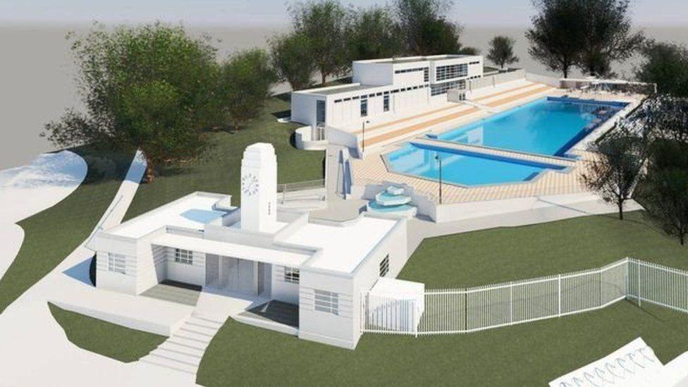 An artist's impression of how Broomhill lido would look like. There is a large pool and white buildings. 