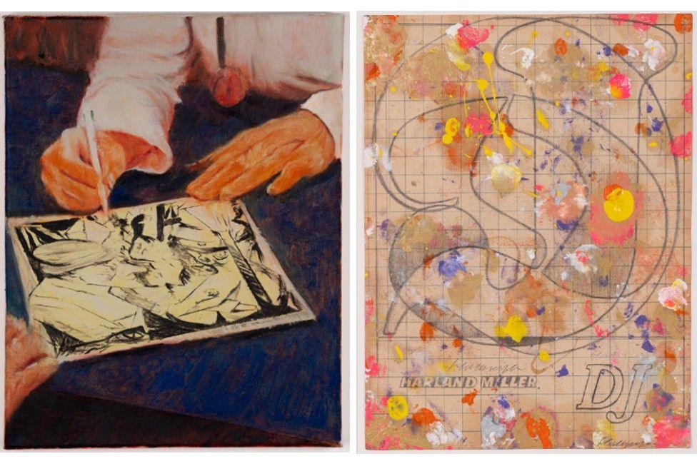 Two paintings by artists Sam Drake and Harland Miller, one showing hands drawing on a piece of paper and the other paint blotches and grey lines on brown paper