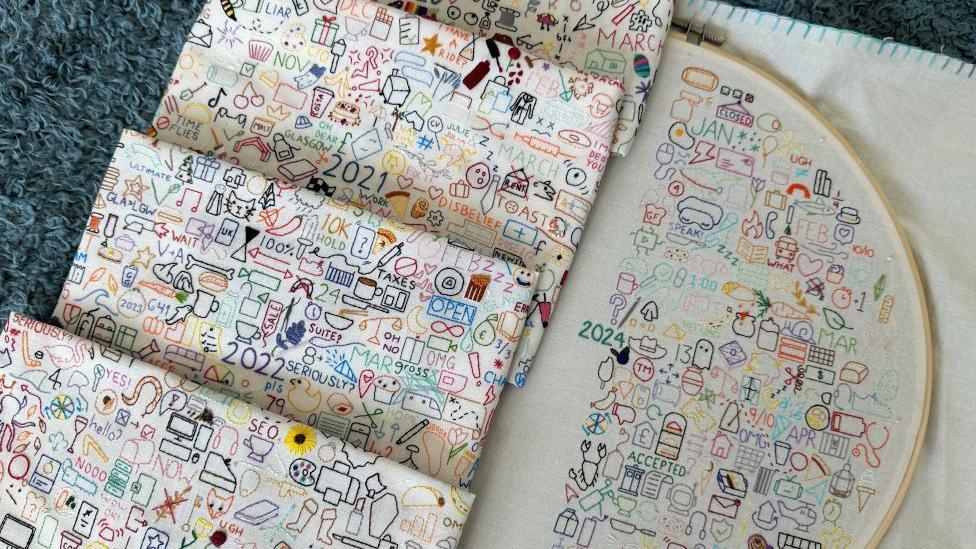 Sophie's embroidery journals - pieces of fabric with a lot of colourful symbols and icons. 