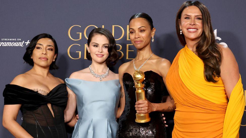 (L-R) Adriana Paz, Selena Gomez, Zoe Saldana, winner of the Best Performance by a Female Actor in a Supporting Role in Any Motion Picture award for “Emilia Pérez,” and Karla Sofía Gascón pose in the press room during the 82nd Annual Golden Globe Award at The Beverly Hilton on January 05, 2025 in Beverly Hills, California