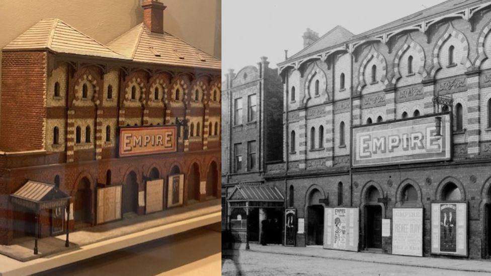 A composite image of the model version of the theatre (left) and an old photograph of the theatre as it stood in Victoria Square