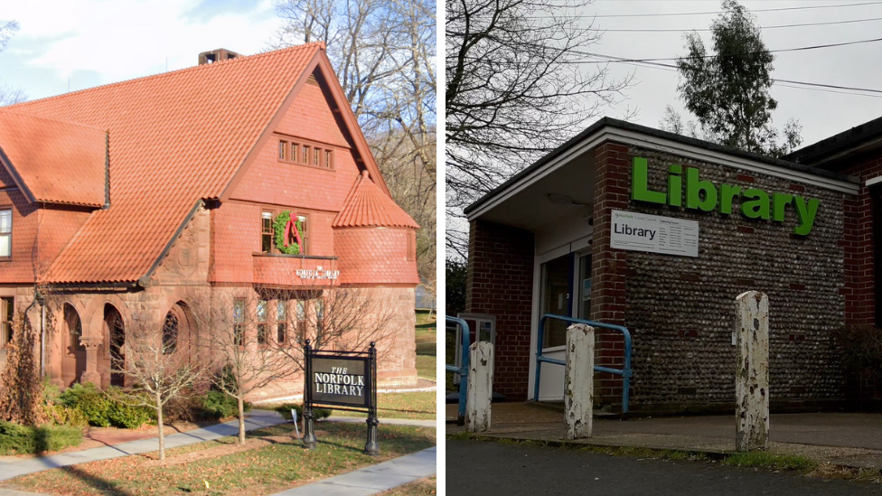 A composite of two library exteriors. The picture on the right shows a brick and flint library with a flat roof in Swaffham. The other library is in the US and has a few pitched rooves with a mini turret style addition to the structure. The building is made of red brick.