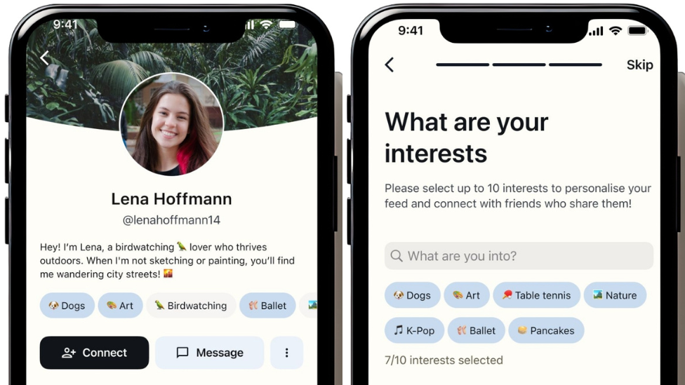 Two screen shots from Tribela - one showing a profile, and the other showing a questionnaire asking people's interests.