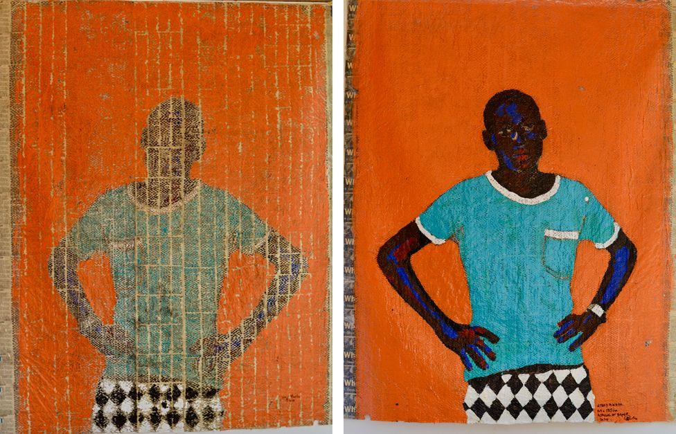 Medium: Acrylic on perforated newspaper. Mirrored paintings showing a young man with his hands on his hips. He is wearing a light blue T-shirt with white trims on the sleeves and pocket and on his left wrist he has a watch. His shorts are of a harlequin black-and-white design. The background is orange.