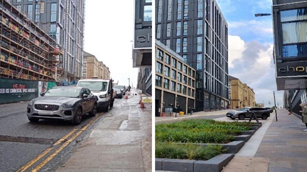 Before and and after images of a Glasgow street. In the before image, the pavement is cracked and parked cars are next to it. In the after image, the pavement is far smoother and beds of grass have been planted next to the pavement. 