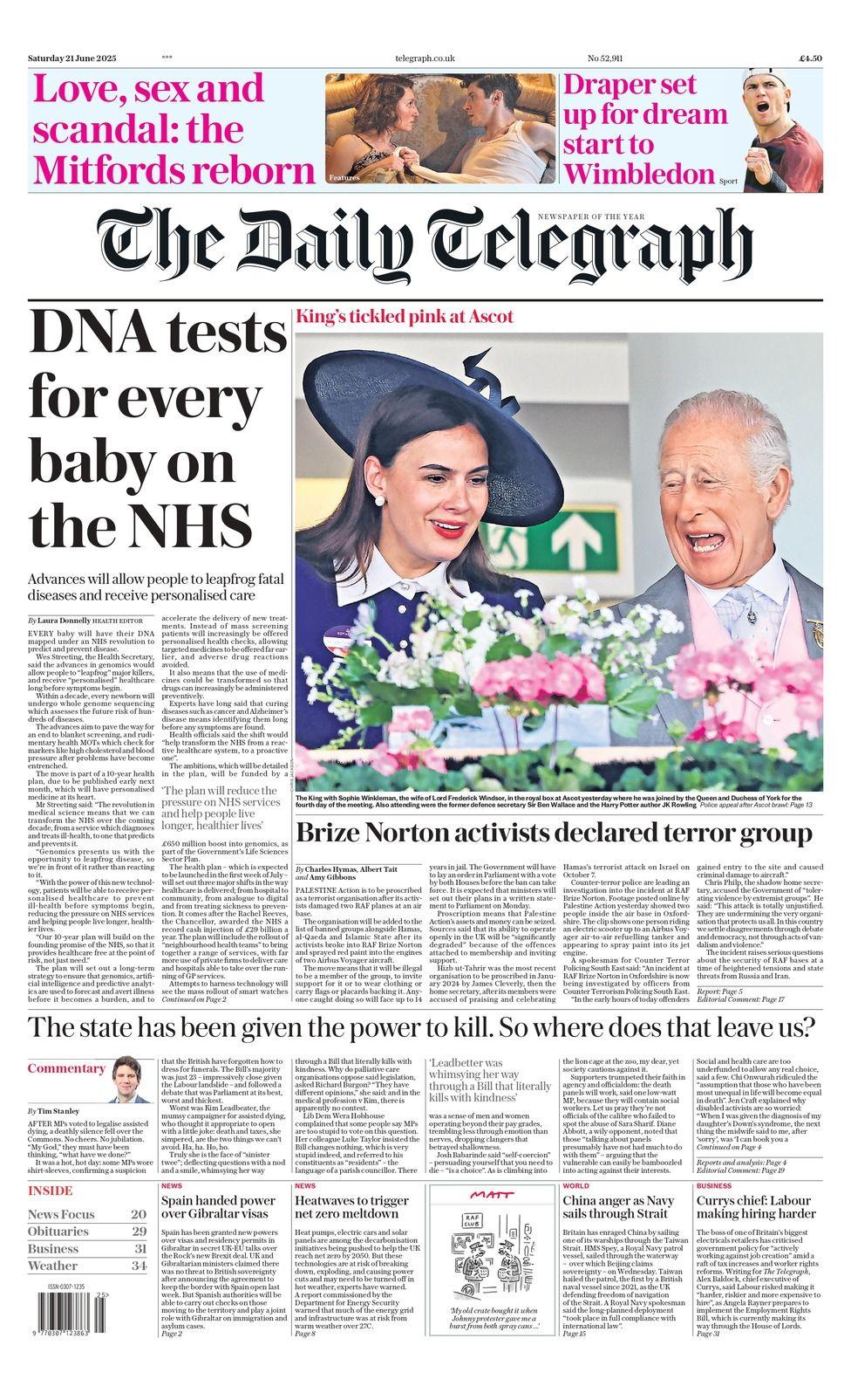 The headline on the front page of the Daily Telegraph reads: "DNA tests for every baby on the NHS"
