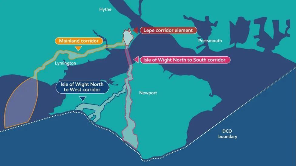 An Exxon Mobil map which shows the three routes in Hampshire, through the Solent and through the Isle of Wight 