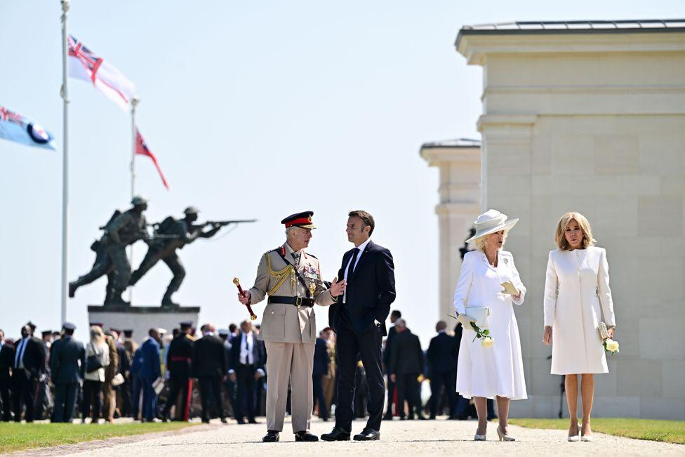 King Charles III and Emmanuel Macron, President of France, Queen Camilla and Brigitte Macron D-Day 80: UK national commemorative event, British Normandy Memorial, Ver-sur-Mer, France - 06 Jun 2024