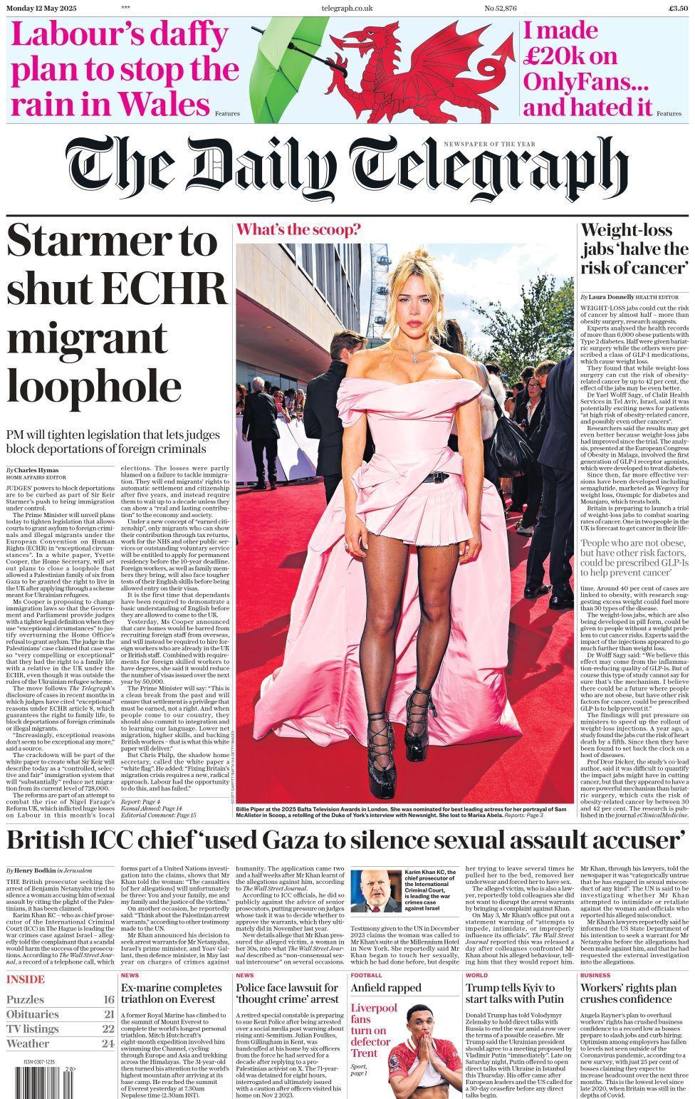 Daily Telegraph front page on Monday 12 May 2025