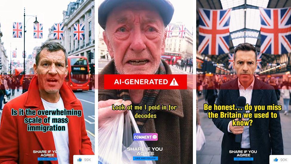 A composite image showing stills from three videos on the "Great British People" Facebook page, with one showing a man in a read coat walking along Regent Street with Union Flags in the background, asking about "the overwhelming scale of mass immigration". A second video shows a pensioner looking distressed as he discusses his income, despite having "paid in for decades". A third shows a man in a dark suit holding a microphone with Union Flags in the background, asking "do you miss the Britain we used to know?"