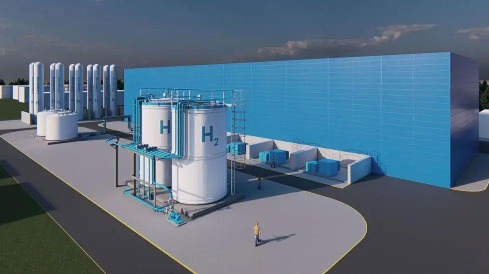 An artist's impression of how a hydrogen energy plant might look with large containers and a blue industrial building