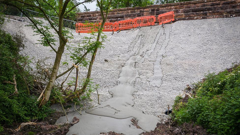 Concrete poured under Great Musgrave railway bridge, viewed from beloww